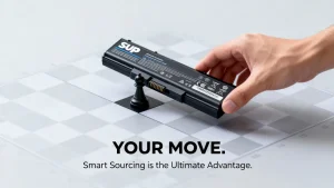 A hand placing a high-quality SUP laptop battery on a strategic chessboard, symbolizing smart sourcing as a winning business move.