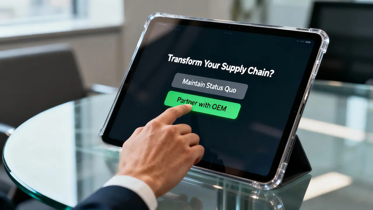 A hand poised to select the 'Partner with OEM' button on a tablet interface, symbolizing the decision to transform a supply chain