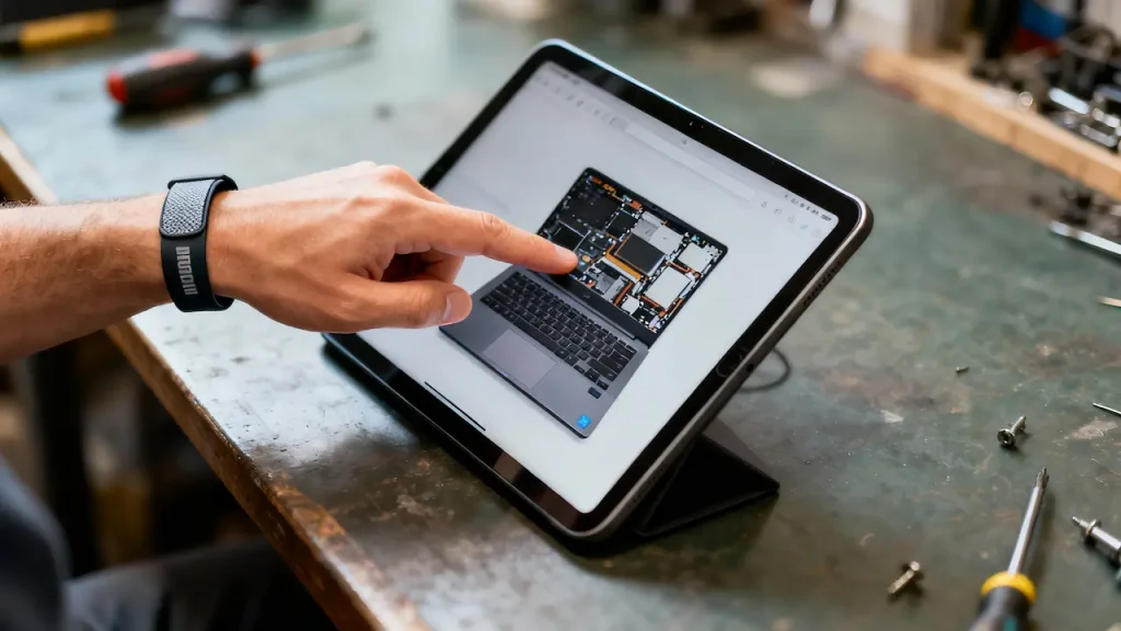 A technician consults a repair guide on a tablet