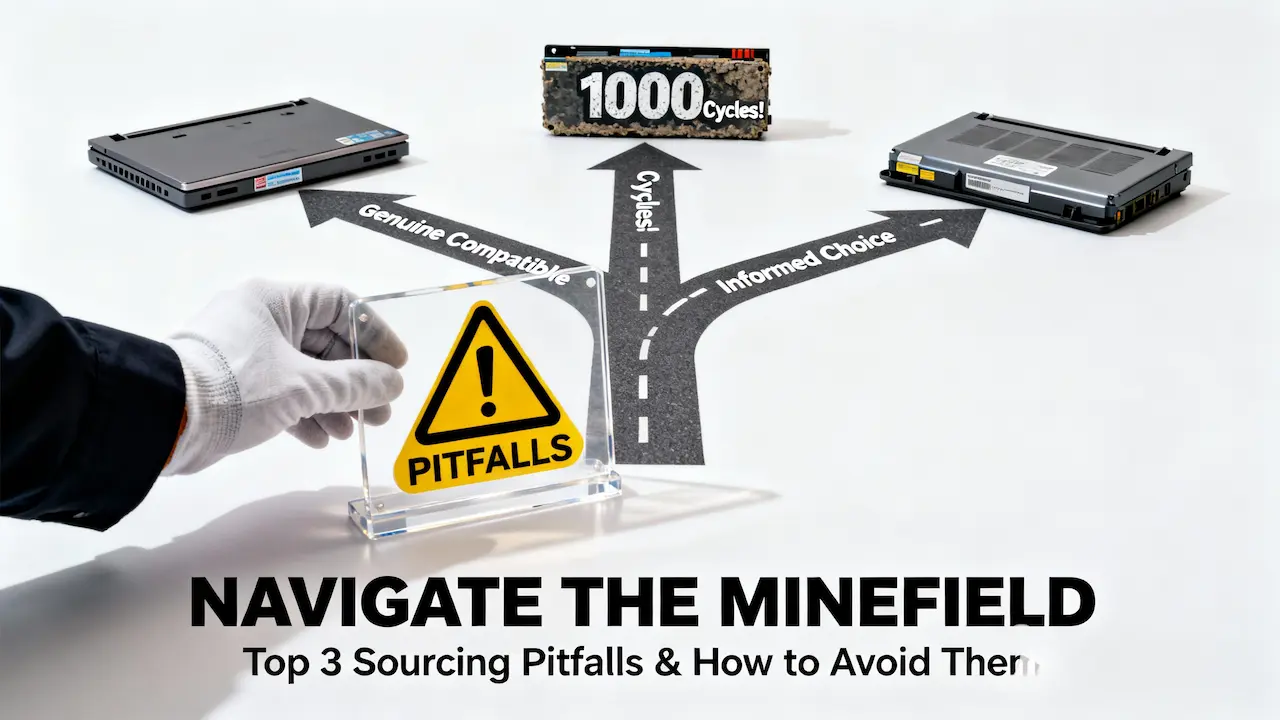 A warning sign placed before a fork in the road, illustrating how to navigate common laptop battery sourcing pitfalls like false claims and hidden costs.