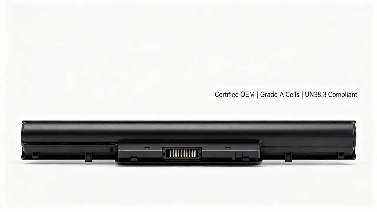 Certified OEM laptop battery with Grade-A cells and UN38.3 safety compliance, centered on white background for professional B2B electronics sourcing.