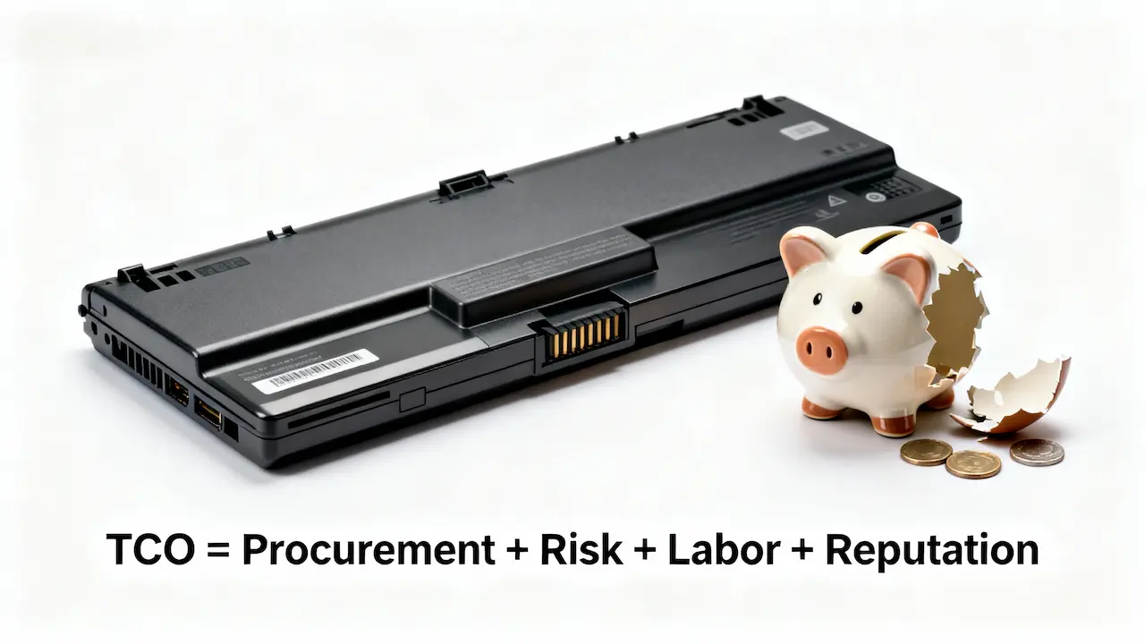 Laptop battery next to a broken piggy bank illustrating the concept of Total Cost of Ownership (TCO) for business sourcing