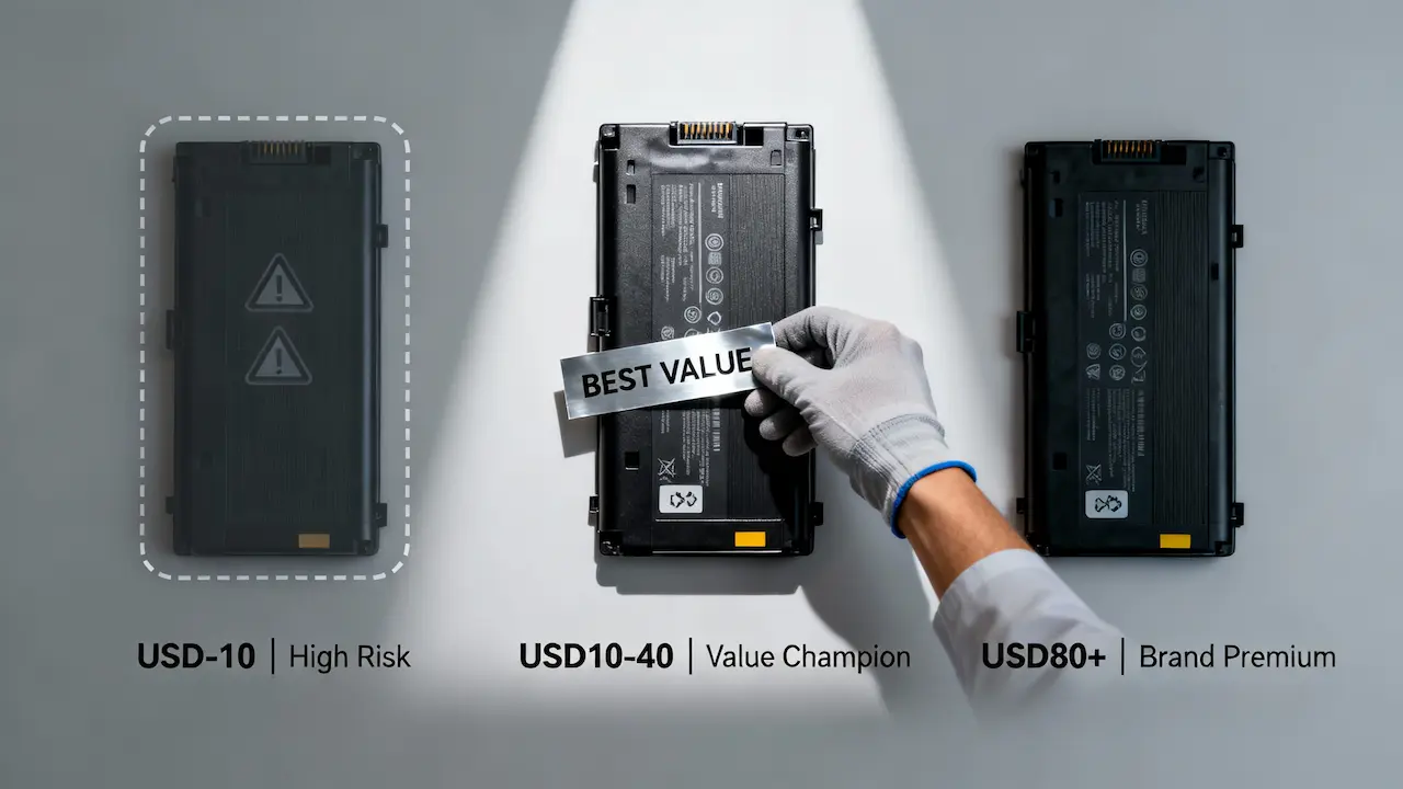 Three laptop batteries labeled with price tiers