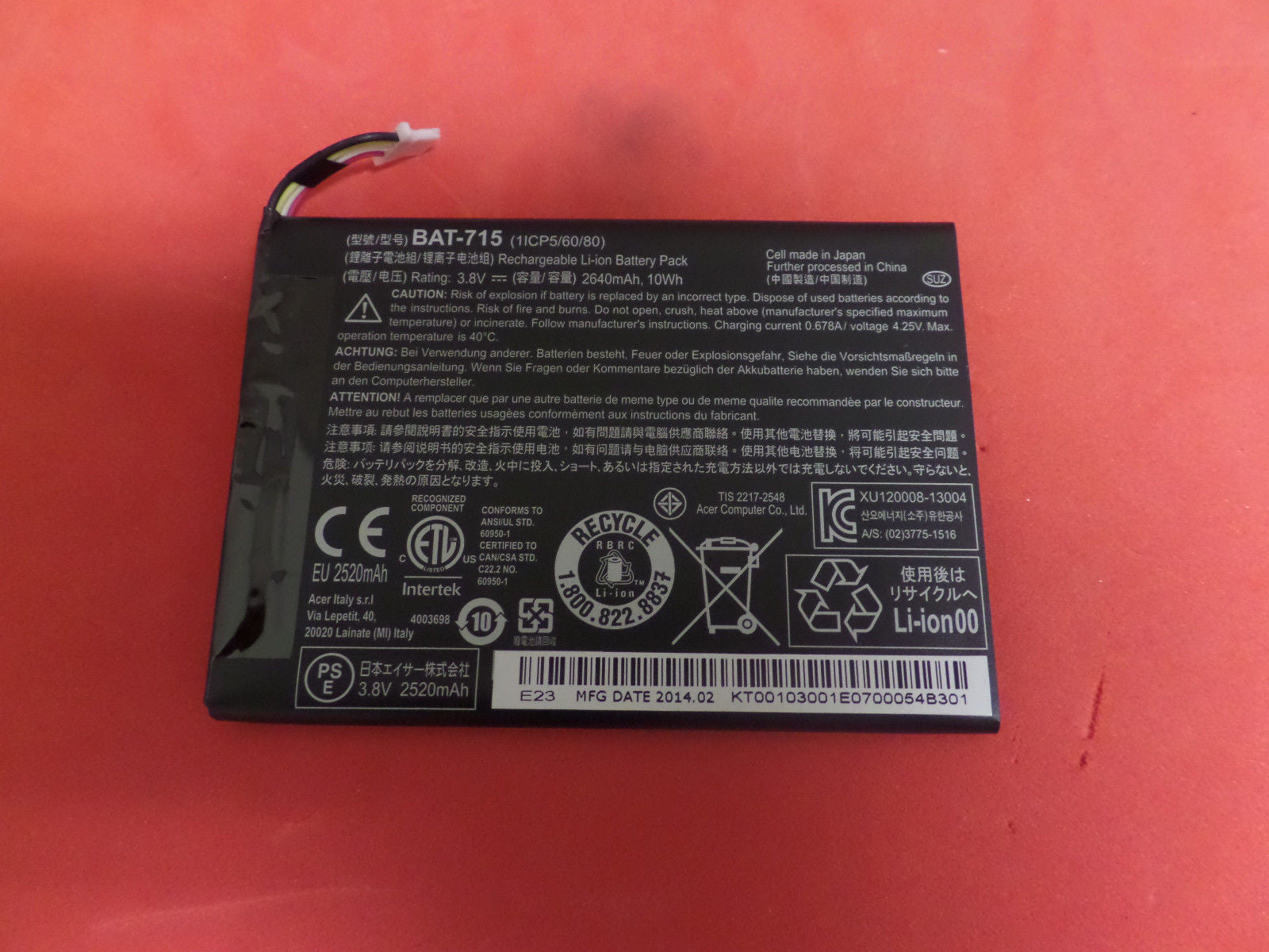 BATTERY FOR TABLETA ACER ICONIA B1-710 NEW ORIGINAL 3.8V 2640MAH BAT-715 (1ICP5/60/80) - Image 3