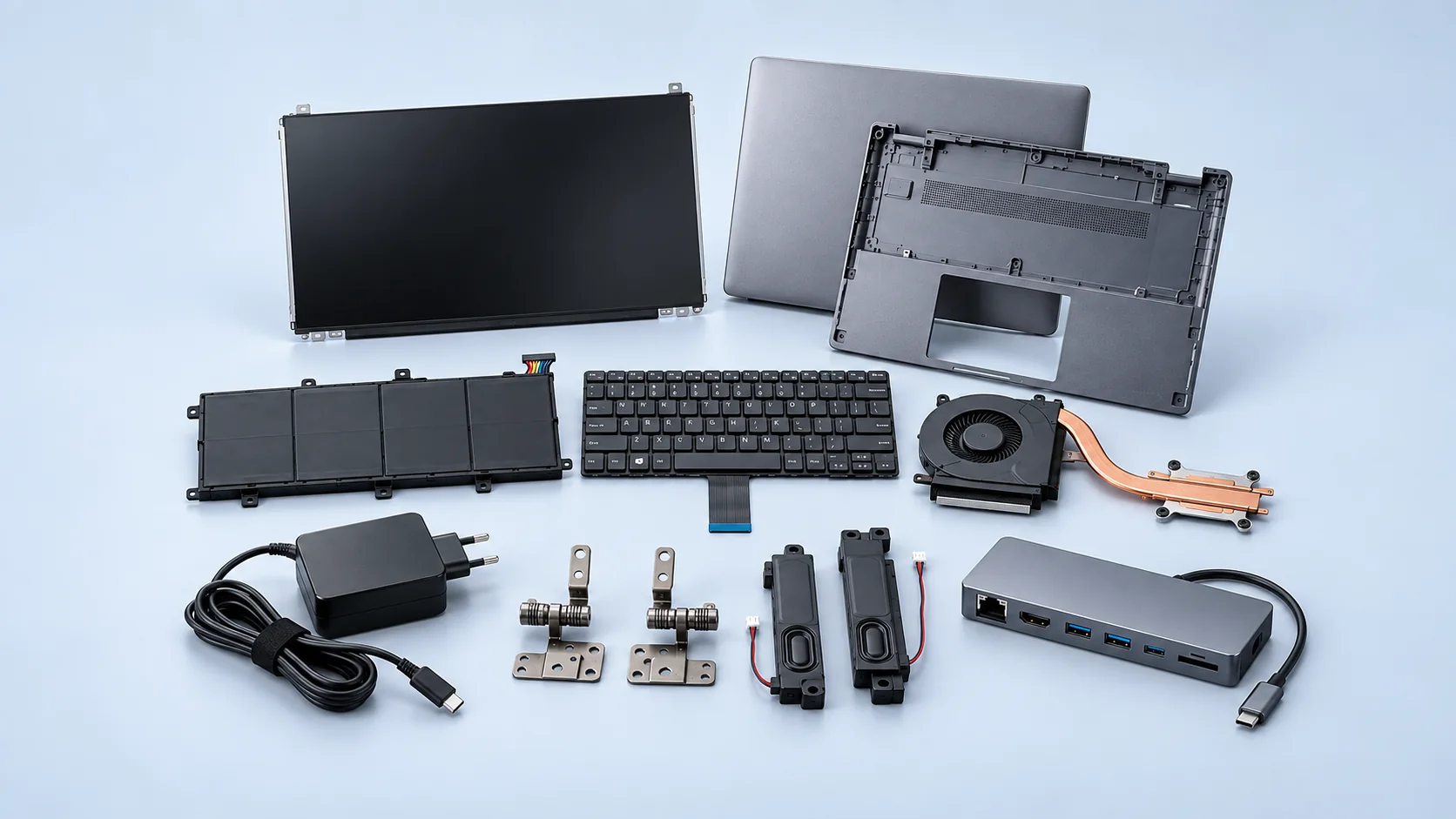 Laptop screens, housings, batteries, keyboards, chargers, fans, hinges, speakers and docking station
